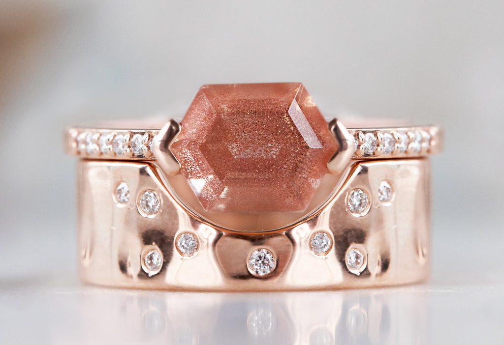 The Willow Ring with a Sunstone Hexagon with Stacking Band