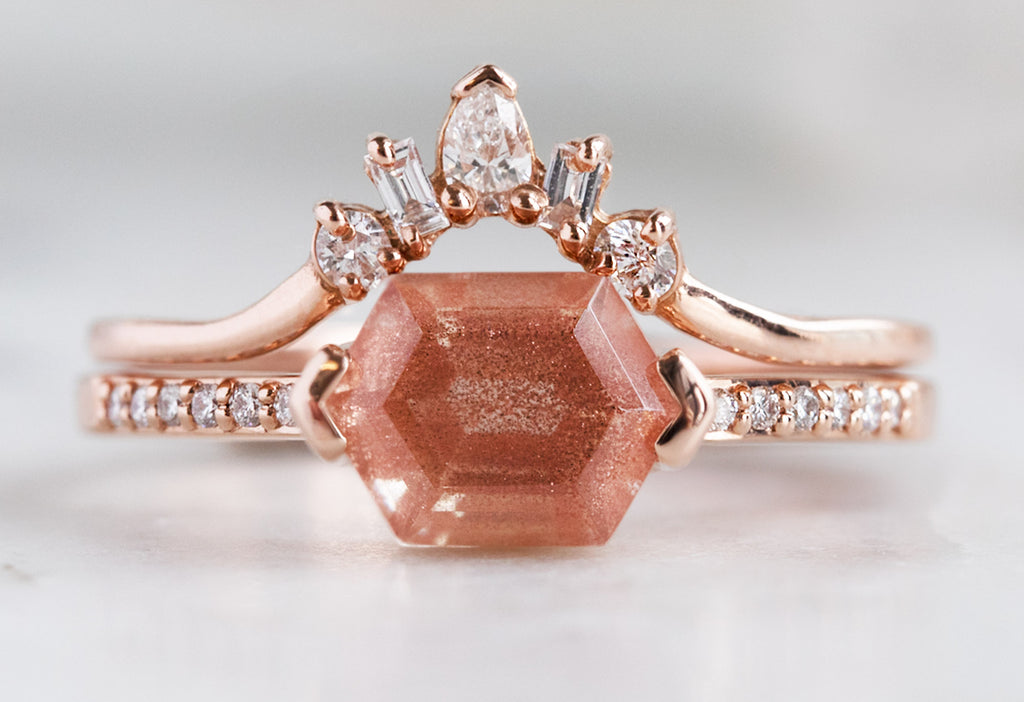 The Willow Ring with a Sunstone Hexagon with Stacking Band