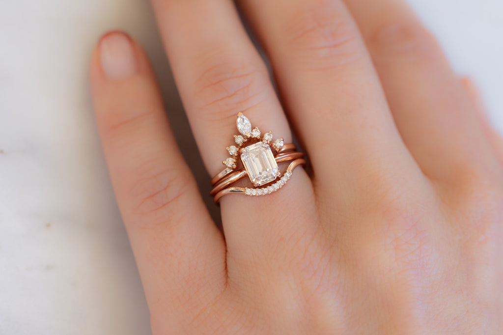 White Diamond Sunburst Stacking Ring in Rose Gold Stacked on Model