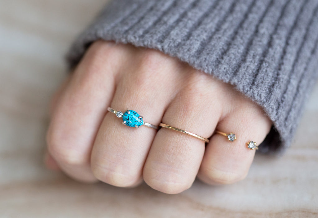 White Gold Asymmetrical Turquoise and Diamond Ring on Model