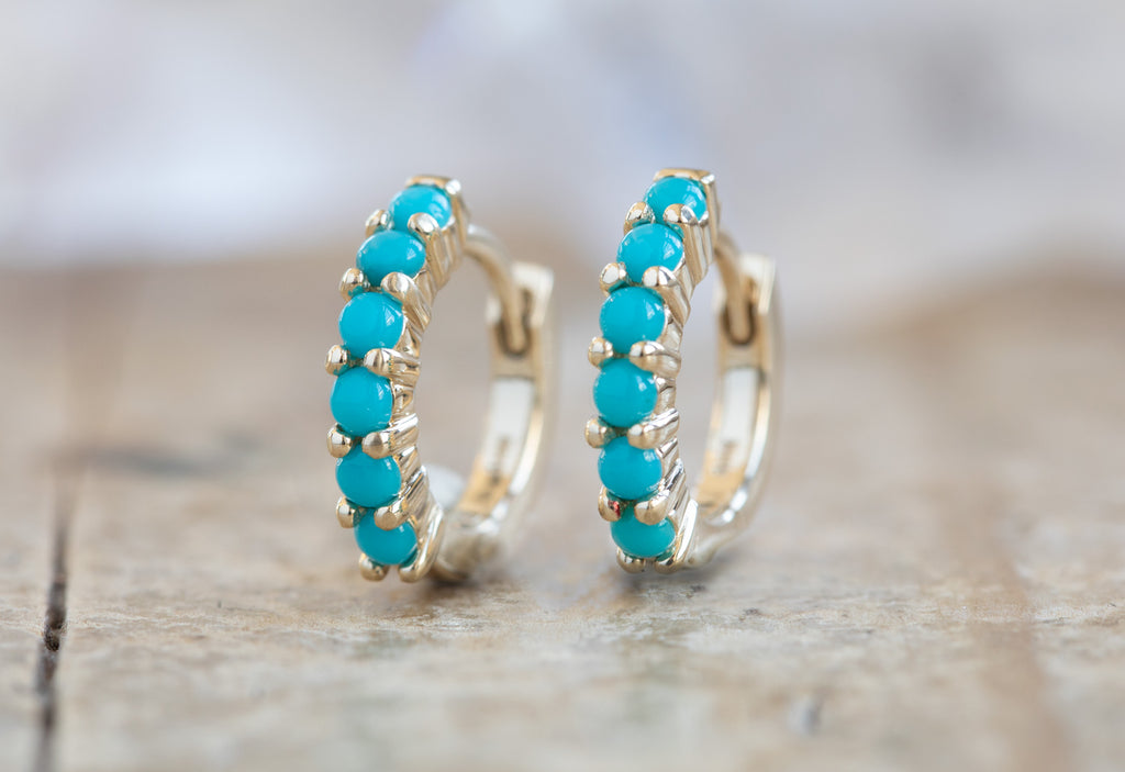 Yellow Gold Turquoise Huggie Hoop Earrings