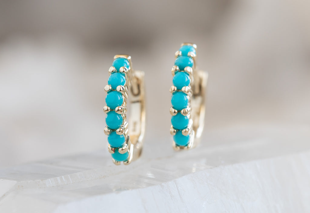 Yellow Gold Turquoise Huggie Hoop Earrings