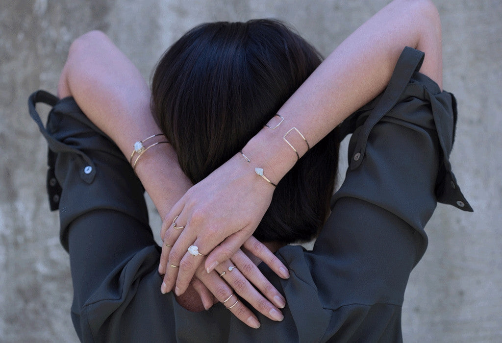 Open Cuff Diamond + Opal Ring on Model