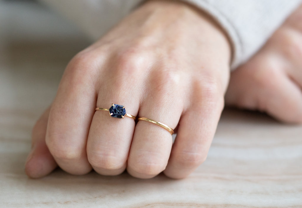 Raw Montana Sapphire Hexagon Ring on hand-10k Yellow Gold